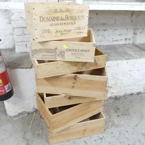 2587 - Seven various modern pine wine crates. Largest 51x18x33cm.