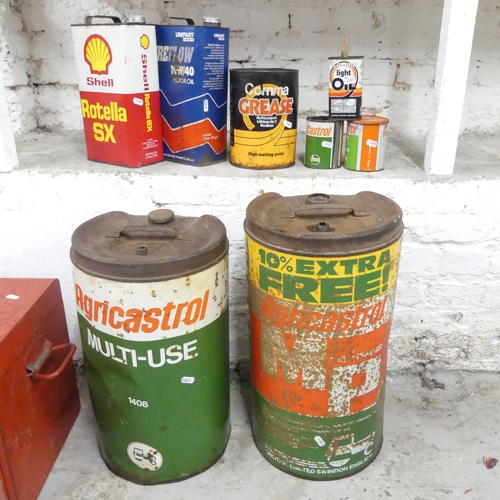 2589 - Eight various vintage oil cans, including Shell, Castrol, Agricastrol etc. Tallest 51cm.