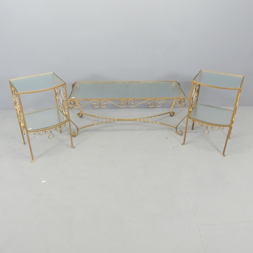 2596 - A modern wirework glass top coffee table, 112x39x49cm, and two matching two-tier stands, 36x61x33cm.... 