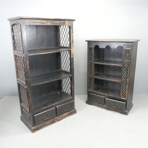 2628 - Two painted sheesham bookcases with cast iron lattice panels. Largest 81x151x43cm, smallest 80x120x3... 