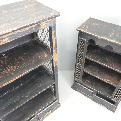 2628 - Two painted sheesham bookcases with cast iron lattice panels. Largest 81x151x43cm, smallest 80x120x3... 