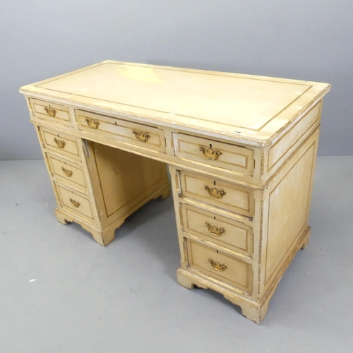 2629 - A painted wooden twin-pedestal writing desk, with nine drawers and bracket feet. 122x77x56cm.