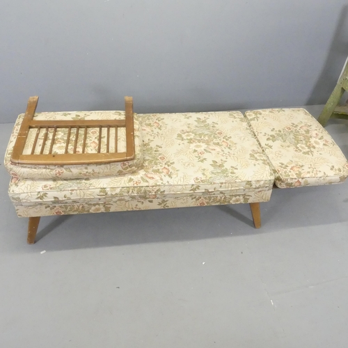 2648 - A mid-century teak and upholstered metamorphic settee / day bed. Dimensions as settee 123x73x71cm.