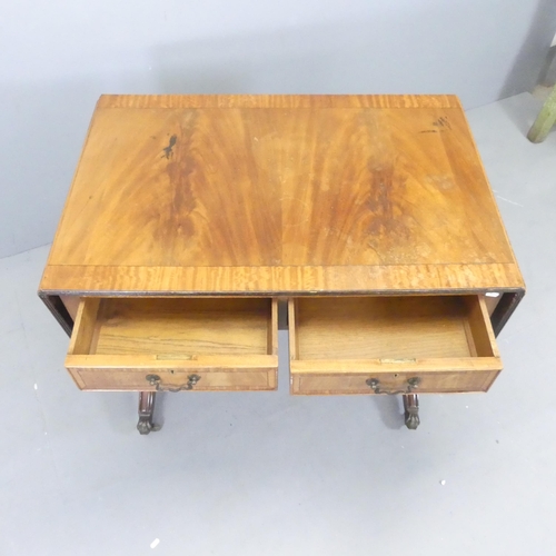 2649 - An antique cross-banded mahogany and ebony strung drop-end sofa table, with two drawers. 92x75x61cm.