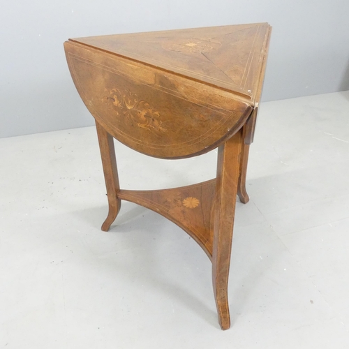 2651 - A late Victorian or Edwardian two-tier triangular mahogany and satinwood strung drop-leaf occasional... 