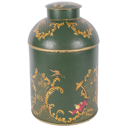 735 - A large green Tole Ware tea can, with Oriental decoration, H37cm