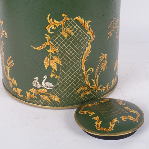 735 - A large green Tole Ware tea can, with Oriental decoration, H37cm