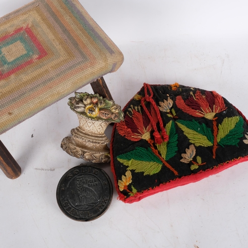 783 - 19th century stool with cross-stitch top, 29cm across, small cast-iron doorstop, tiger brand solid s... 