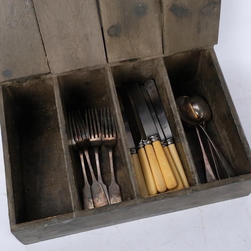 786 - Vintage French stained wood table-top sectioned cutlery box, with labels and some cutlery, 39.5cm ac... 