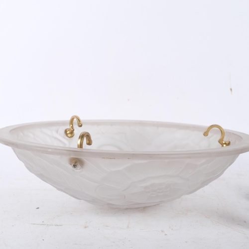 803 - A 1930s moulded glass ceiling light bowl, with floral decoration, with hooks and chains, 35.5cm