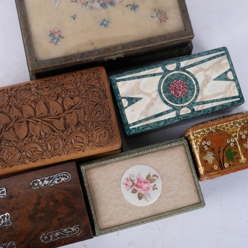 810 - A carved Eastern box with foliate decoration, 20.5cm across, 2 metal boxes with inset fabric tops, a... 