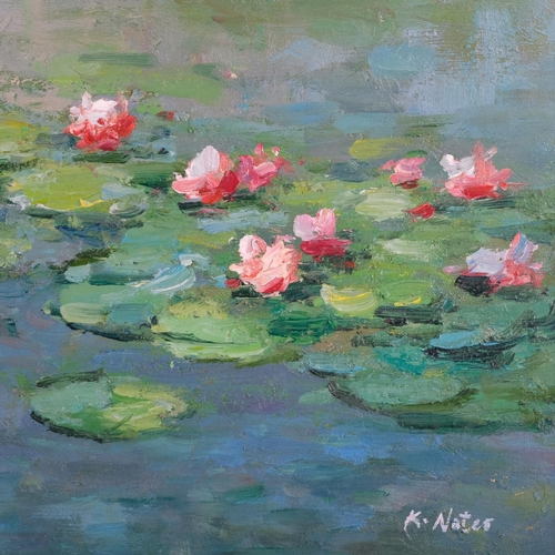 827 - K Nates, gilt-framed oil on canvas, waterlilies, 60cm x 70cm