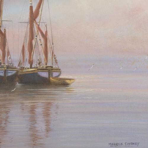 829 - Morris Coveney, oil on canvas, 3 moored sailing ships, in ornate gilt frame, 65cm x 80cm