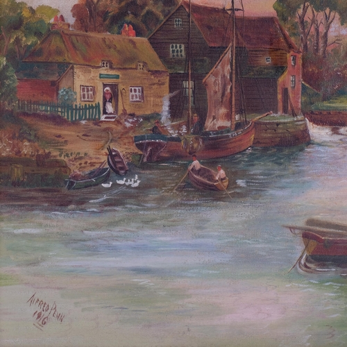 830 - Oil painting, moored boats riverside buildings and figures, signed Alfred Penn, 1916, in Vintage orn... 