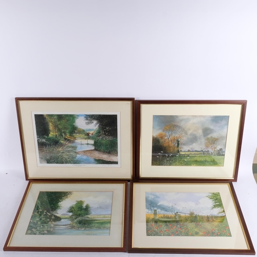 833 - Denis Morley, a group of rural landscapes, 7 watercolours and 1 print, 25cm x 33cm, all framed (8)