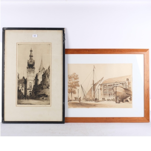 840 - Fred Farrell, study of a church, and Jim Moya sepia watercolour, figures at a boatyard, framed, 58cm... 