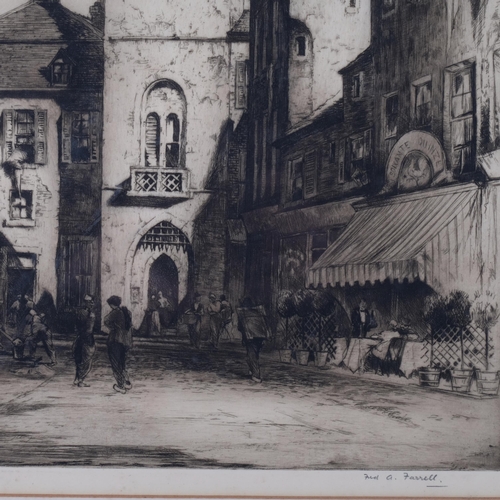 840 - Fred Farrell, study of a church, and Jim Moya sepia watercolour, figures at a boatyard, framed, 58cm... 