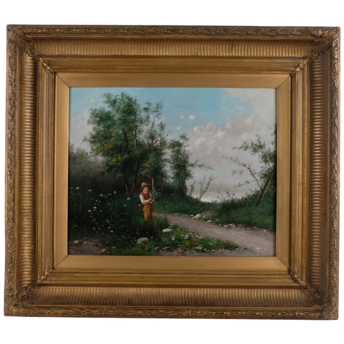 842 - Oil on canvas, figure on a country path, signed F Pope?, in ornate gilt frame, 64cm x 72cm