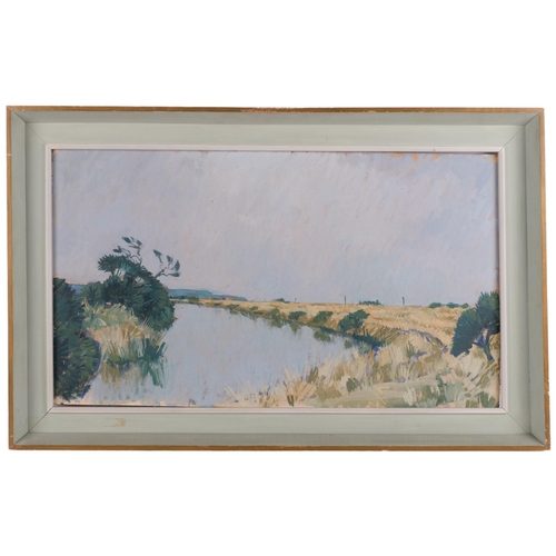 844 - J Dawkins, view of Romney Marsh, oil on board, circa 1960s, signed verso, 40cm x 70cm