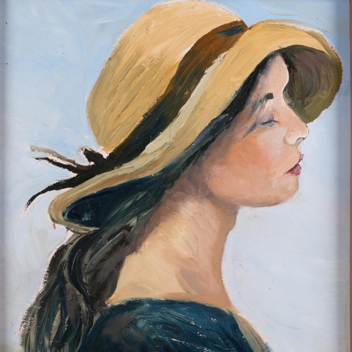 855 - Clive Fredriksson, a framed oil on board, woman by the sea in a sun hat, unsigned, 60cm x 50cm