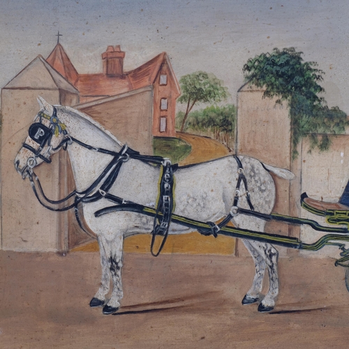 863 - Oil on board, depicting a white Shire horse with a Victorian horse-drawn carriage, waiting outside a... 