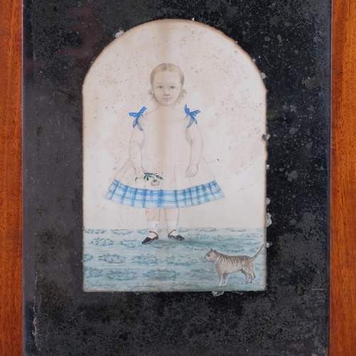 878 - An Antique hand drawn picture of a small girl with pet cat, mirrored glass surround, encased in a lo... 