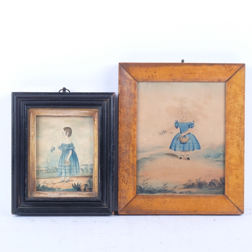 894 - An Antique watercolour, girl with flowers and basket, in a maple frame, 23.5cm x 19.5cm, and a secon... 