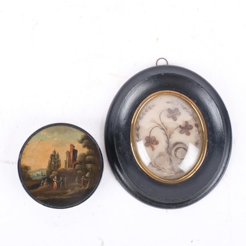 895 - A Victorian papier mache circular trinket box, diameter 9cm, with hand painted riverside scene, and ... 