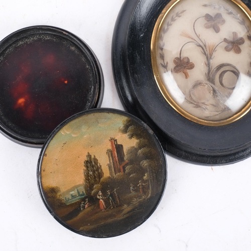 895 - A Victorian papier mache circular trinket box, diameter 9cm, with hand painted riverside scene, and ... 