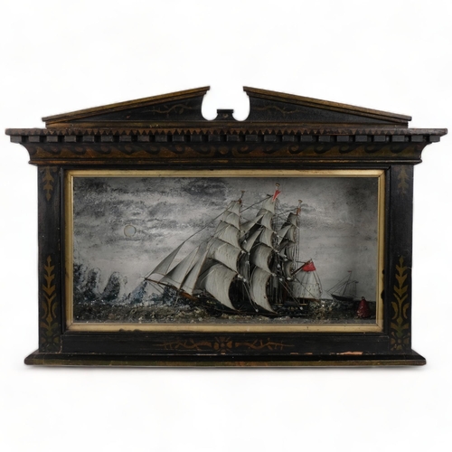 A Victorian diorama of a scratch-built 3-masted sailing ship Ann, in naturalistic setting, and ebonised and painted glazed case, W70cm, H45cm, D16.5cm