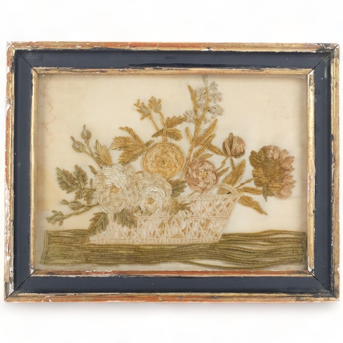 108 - A Victorian embroidered stumpwork still life study, basket of flowers, 29cm x 38cm overall, framed a... 