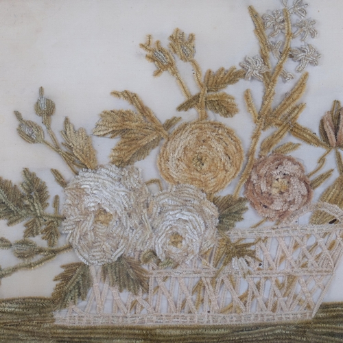 108 - A Victorian embroidered stumpwork still life study, basket of flowers, 29cm x 38cm overall, framed a... 