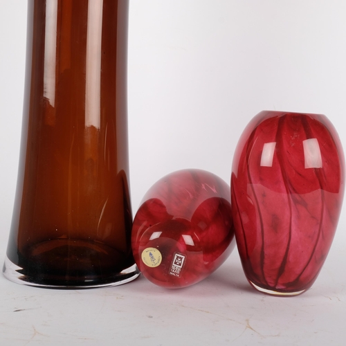 111 - A pair of Mtarfa ovoid glass vases, and a tall amber glass vase with crimpled edge, H49cm