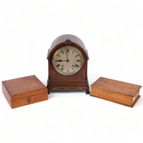 113 - MAPPIN & WEBB - early 20th century mahogany-cased 8-day mantel clock (no key or pendulum), a pear tr... 