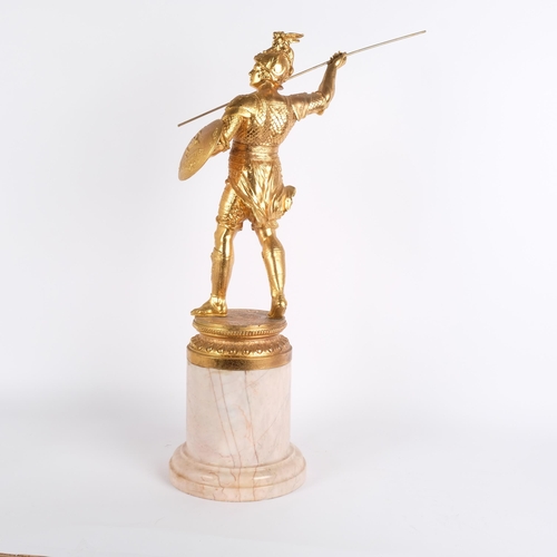 12 - A gilded spelter figural study of Hercules with spear and Pegasus shield, unsigned, on a veined pink... 