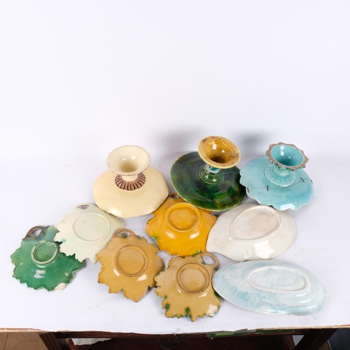 132 - A collection of Victorian Majolica leaf plates, shell bowl, and 3 comports (10)