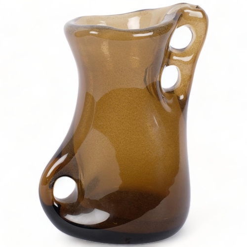 137 - A mid-century Italian free-form blown glass vase, in the manner of AVEM, brown body with bubble incl... 