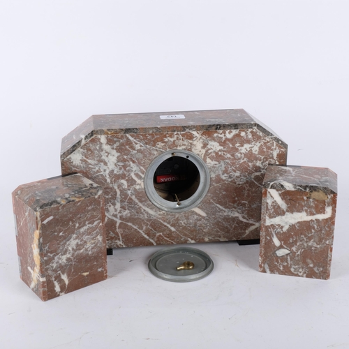 143 - A French Art Deco two-colour marble and slate-cased mantel clock garniture, replacement quartz mecha... 