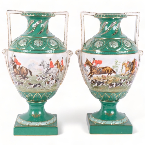 144 - A pair of 2-handled ceramic vases, with hunting scene transfer printed decoration, H37cm