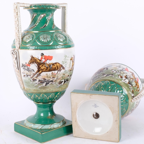 144 - A pair of 2-handled ceramic vases, with hunting scene transfer printed decoration, H37cm