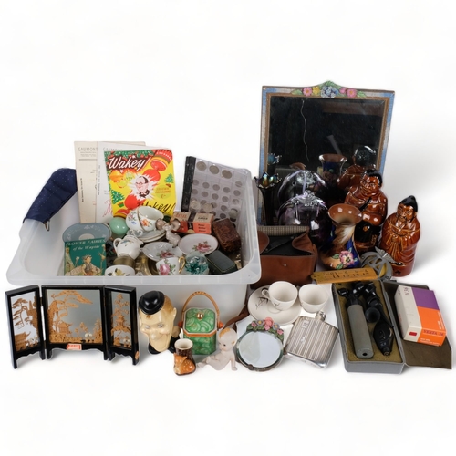 153 - A rectangular Barbola mirror, ceramic Chinaman tea and sugar canisters, etc