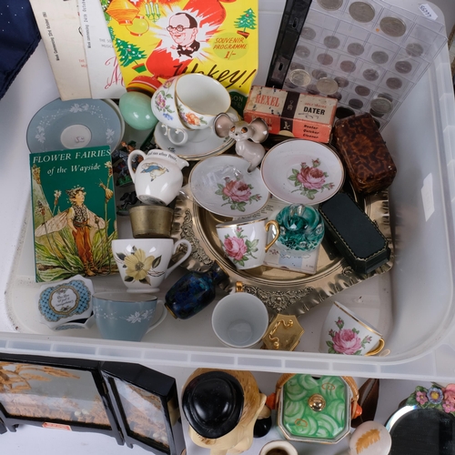 153 - A rectangular Barbola mirror, ceramic Chinaman tea and sugar canisters, etc