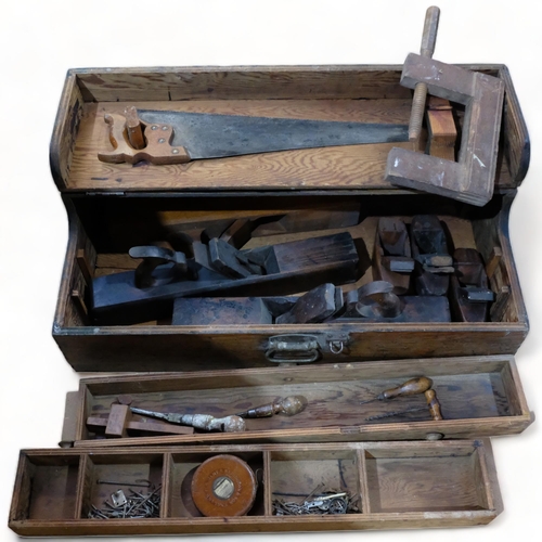 160 - An Antique stained pine carpenter's tool box, and various tools including various planes and other t... 