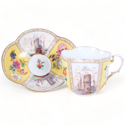 164 - An Antique Dresden quatrefoil cup and saucer, yellow body and painted panels with roses and shipping... 