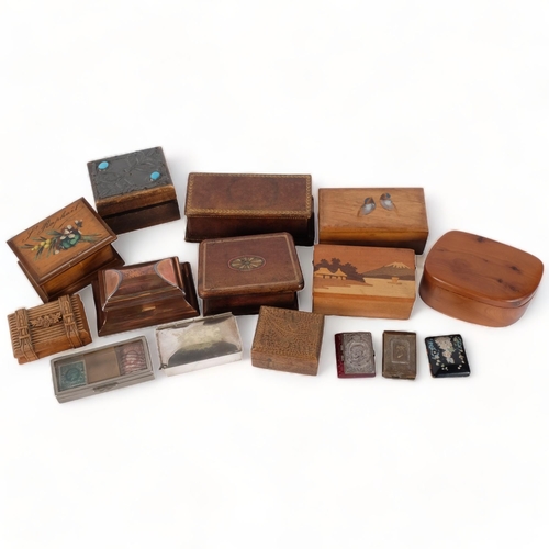 171 - A group of various stamp boxes, including olivewood, a brass sarcophagus stamp box, a yew wood box, ... 