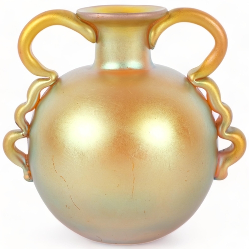 176 - WMF - An early 20th century Myra-krystall 2 handled globular glass vase with gold and purple iridesc... 