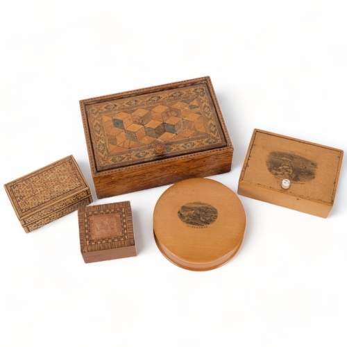 179 - A group of various small boxes, including a Tunbridge Ware and cubed marquetry box with hinged lid, ... 