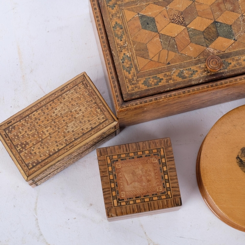 179 - A group of various small boxes, including a Tunbridge Ware and cubed marquetry box with hinged lid, ... 