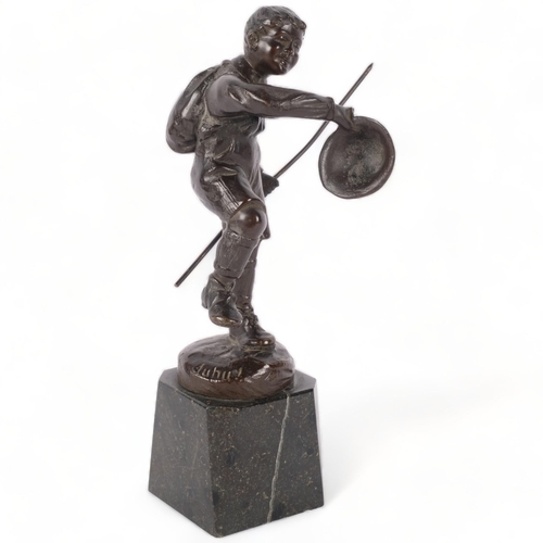 195 - After Juhu?, patinated bronze study of scout, on a black marble stand, H20cm