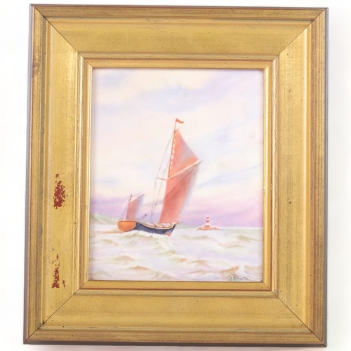 204 - ER Booth - a hand painted porcelain panel (sailing home). Image size - 13x10.5cm, overall 21x 19cm.